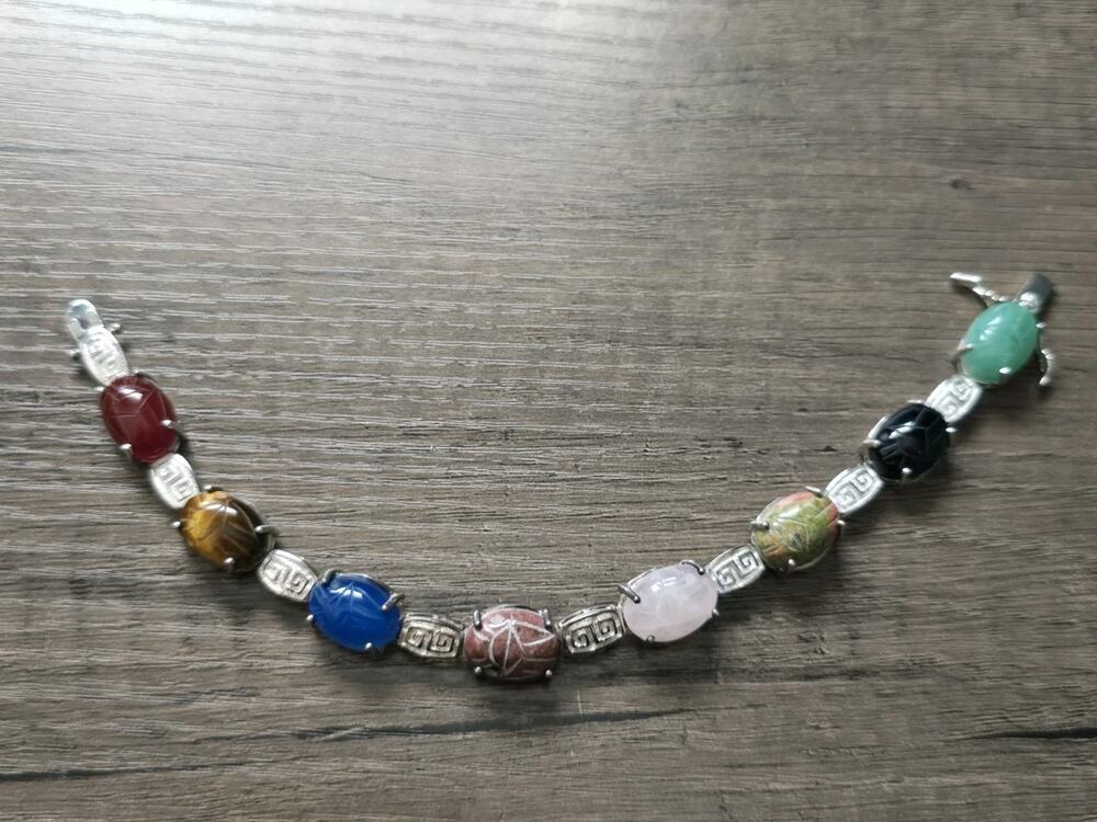 Sterling Silver Mult-color 8 Gemstone Scarab Beetle Bracelet 8 inch Mint cond.